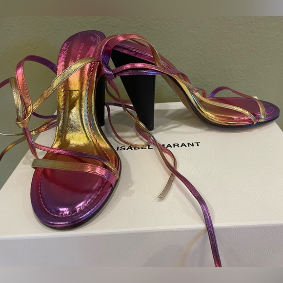 NEW ISABEL MARANT Aliza Leather Ankle Strap Sandal Metallic Pink Ombré 40FR 8MP - Picture 2 of 16